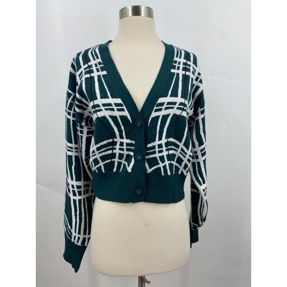 BCBGeneration Cropped Plaid Button Front Cardigan Whimsical Plaid Size M NWT - Picture 2 of 13